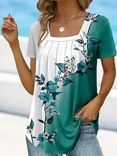 Casual Loose Square Neck Floral Shirt, Green, Shirts & Blouses