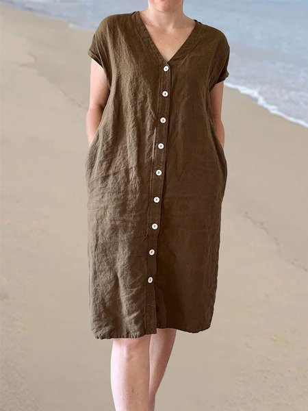 

Women Loose Plain V Neck Button Pockets Linen Dress, Brown, Mini Dresses