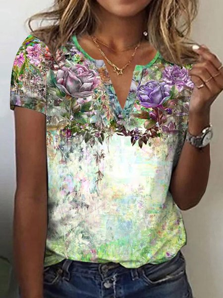 

Plus Size Loose Casual Floral Jersey T-Shirt, Green, T-Shirts