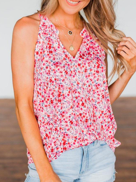 

Loose V Neck Floral Vacation Tank Top, Pink, Tanks & Camis