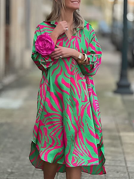 

Abstract Vacation Loose Shirt Collar Dress, Green, Mini Dresses