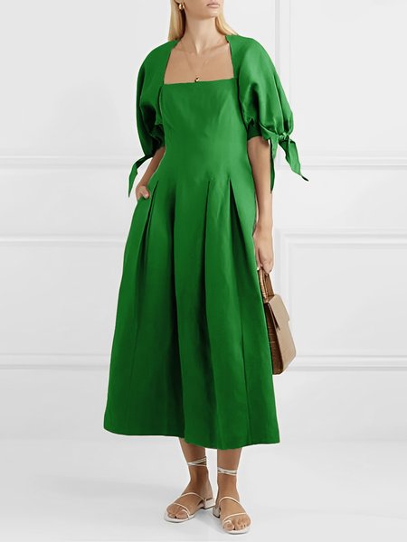 

Square Neck Regular Fit Elegant Plain Dress, Green, Midi Dresses