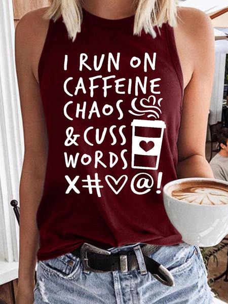 

Women's Funny Coffee Quote I Run on Caffeine Chaos and Cuss Words Crew Neck Tank Top, Red, Tank Tops