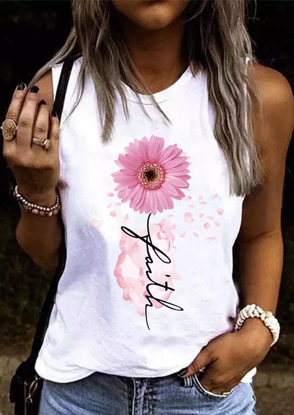 

Loose Floral Casual Crew Neck Tank Top, White, Tanks & Camis