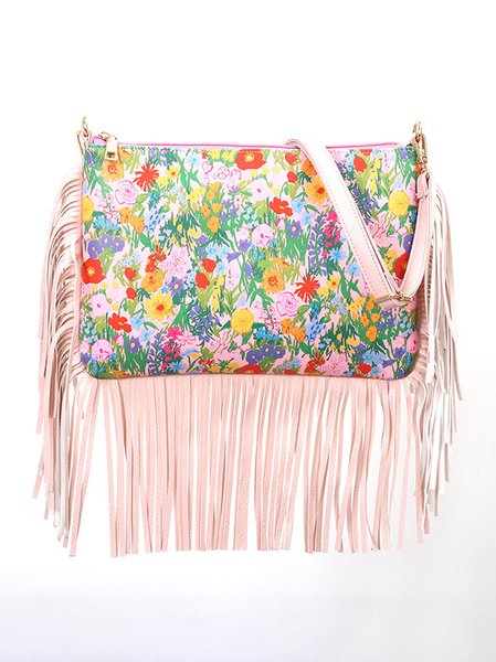 

Retro Leather Tassel Flower Pattern Diagonal Shoulder Bag Western Ethnic Women's Bag, Pink, Women's Bags