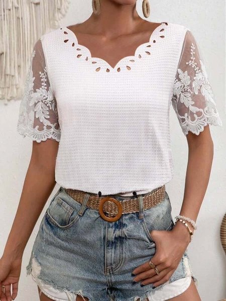 

V Neck Devore Casual Lace Shirt, White, Shirts & Blouses