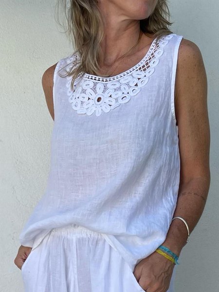 

Women Plain Summer Daily Loose Sleeveless Lace Tank Tops, White, Tank Tops & Camis