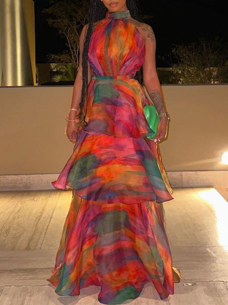 

Vacation Abstract Regular Fit Stand Collar Maxi Dress, As picture, Maxi Dresses