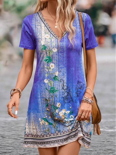 

Summer Ethnic V Neck Floral Dress, Blue, Dresses