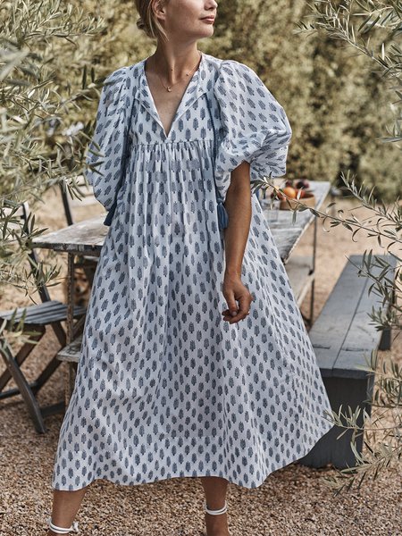 

Casual Loose V Neck Plants Dress, As picture, Midi Dresses