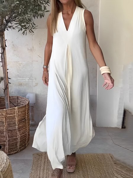 

Simple Plain V Neck Loose Casual Dress, Off white, Maxi Dresses