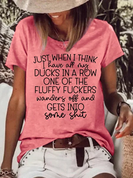 

Women's Ducks In A Row Funny Letters Casual T-Shirt, Pink, T-shirts