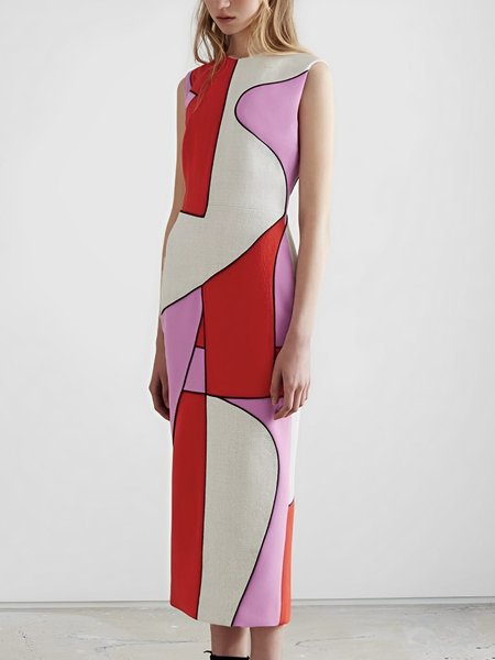 

Daily Elegant Geometric Crew Neck Dress, Pink, Maxi Dresses