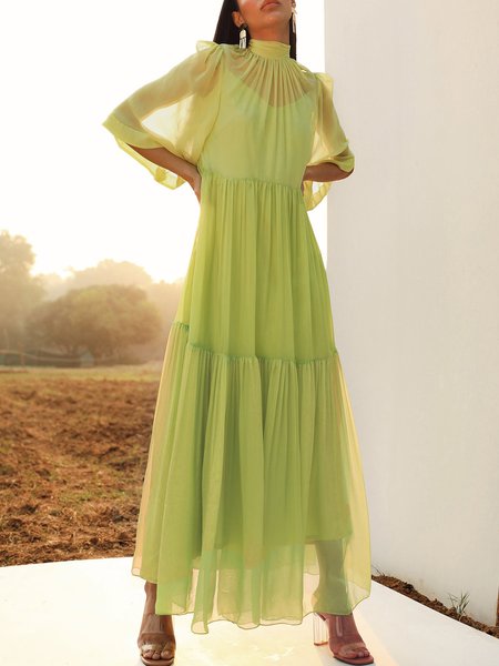 

Stand Collar Chiffon Vacation Loose Dress, Green, Maxi Dresses