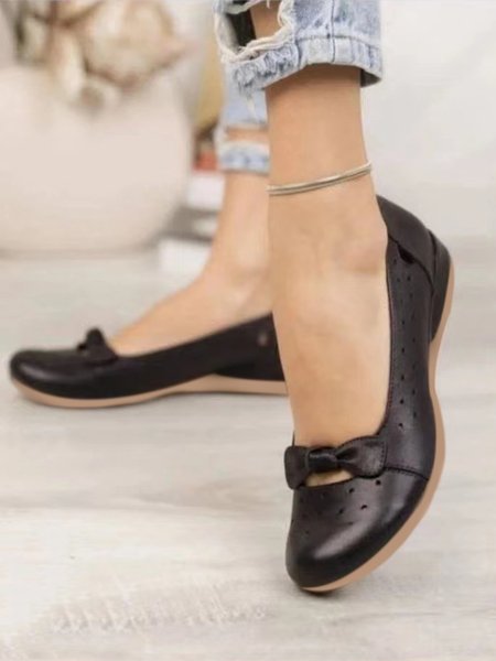 

Breathable Hollow out Bow Decor Flat Shoes, Black, Flats
