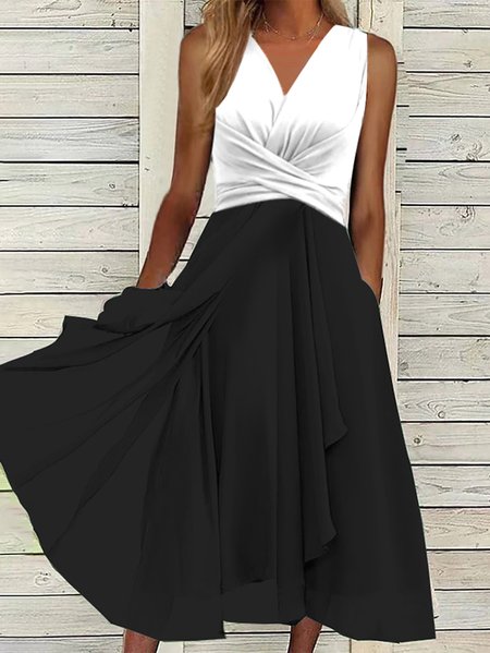 

Simple V Neck Regular Fit Plain Dress, Black-white, Formal Dresses