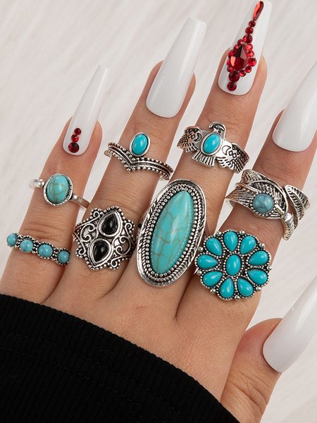 

Ethnic Style Silver Metal Inlaid Turquoise Ring Set Retro Casual Women's Jewelry, Aqua blue, Rings