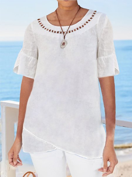 Women Plain Loose Hollow Out Loose Crew Neck Tunic Top, White, Tunics