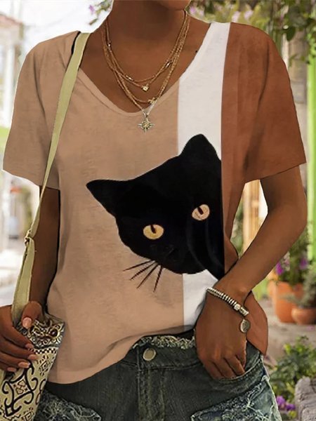 

Casual Loose Color Block V Neck T-Shirt, Deep khaki, T-Shirts