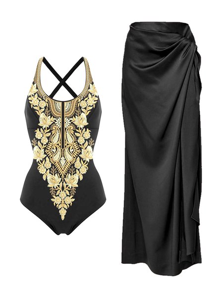 

Vacation Abstract Printing Scoop Neck One Piece With Cover Up, Black, Swimsuit with Coverups