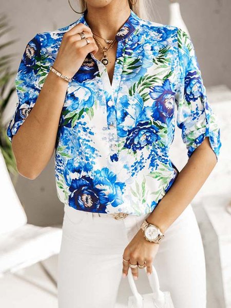 

V Neck Loose Casual Floral Blouse, Blue, Shirts & Blouses