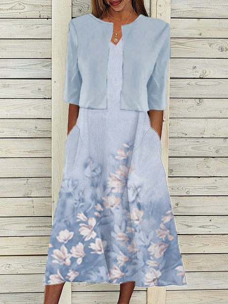 

Loose Casual V Neck Floral Two-Piece Set, Blue, Dresses