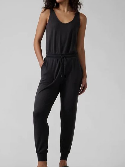

Sports Loose Plain Crew Neck Jumpsuit, Black, Jumpsuits＆Rompers