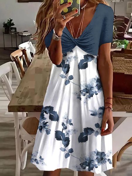 Plus Size V Neck Casual Floral Dress, White-blue, Dresses