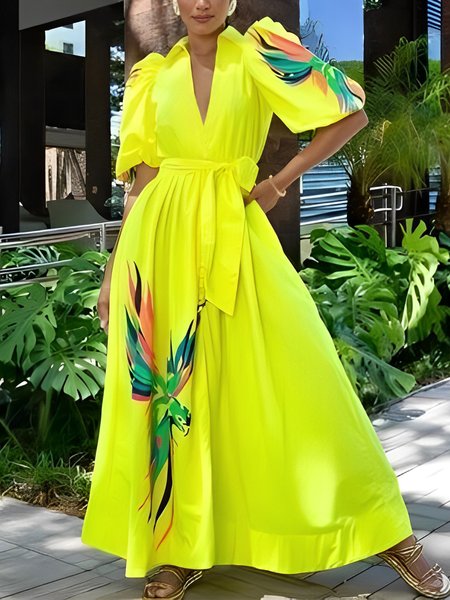 

Vacation Shirt Collar Regular Fit Maxi Dress, Yellow, Maxi Dresses