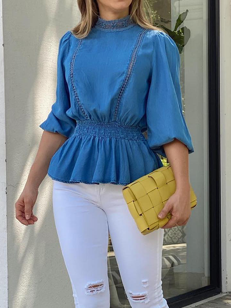 

Loose Stand Collar Short sleeve Urban Blouse, Denim blue, Blouses and Shirts