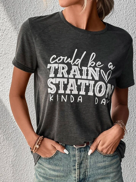 

Casual Text Letters Crew Neck Slogan Graphic T-Shirt, Gray, T-Shirts