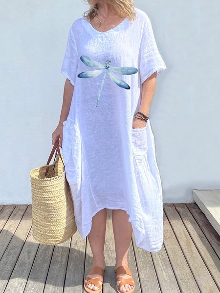 

Women Casual Dragonfly V Neck Pockets Dress, White, Midi Dresses