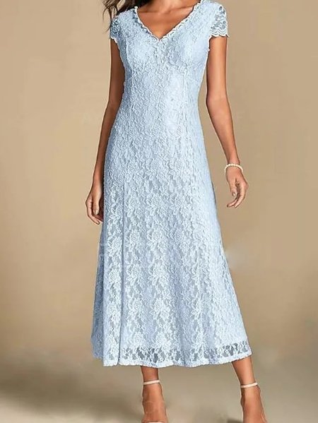 

Lace Elegant V Neck Dress, Blue, Dresses