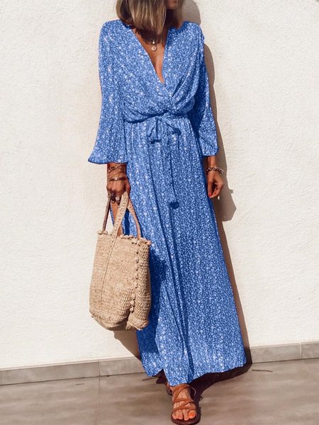 

Vacation V Neck Loose Floral Dress, Blue, Dresses