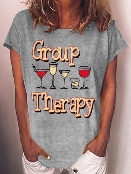 

Women's Group Therapy Alcohol Funny Wine Crew Neck Casual T-Shirt, Gray, T-shirts