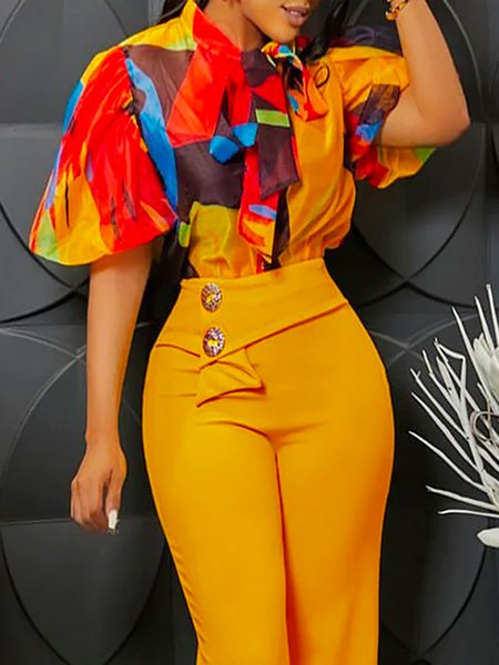 

Colorblock Elegant Others Regular Fit Blouse, Orange, Blouses and Shirts