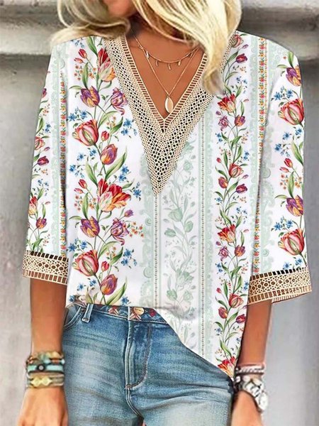 

V Neck Floral Loose Vacation Shirt, White, Shirts & Blouses