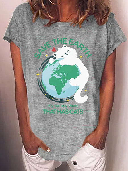 

Women's Funny Cat Save the Earth Its the Only Planet With Cats Cotton-Blend T-Shirt, Gray, T-shirts
