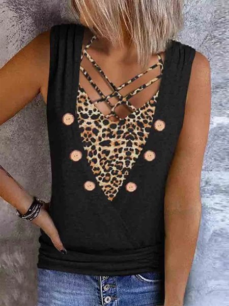 

Casual Buttoned Leopard Regular Fit Tank Top, Black, Tanks & Camis