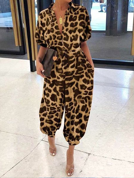 Casual Leopard Regular Fit Shawl Collar Jumpsuit, Jumpsuits