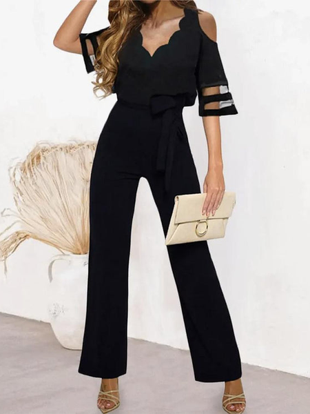 

Plain Tight Simple V Neck Jumpsuit With Belt, Black, Jumpsuits＆Rompers
