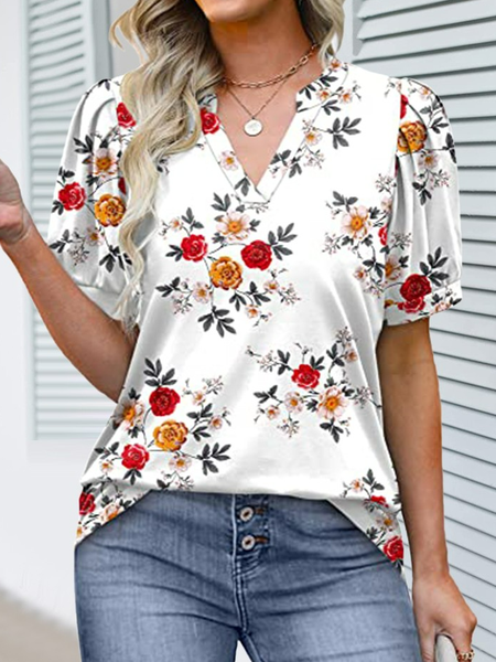 

V Neck Floral Casual T-Shirt, White, T-Shirts