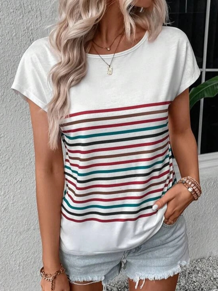 

Crew Neck Striped Loose Casual T-Shirt, White, Tops