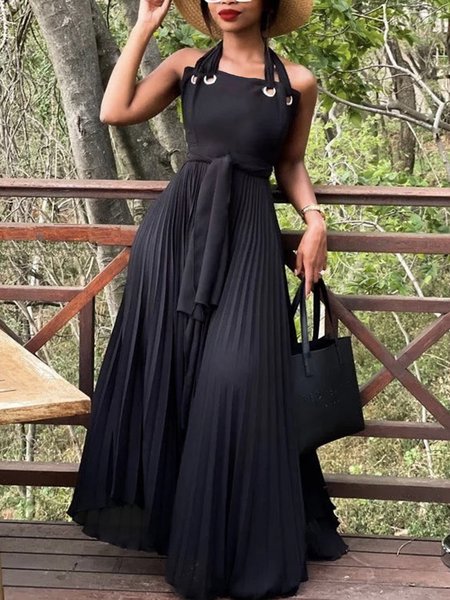 

Regular Fit Halter Plain Vacation Dress, Black, Maxi Dresses