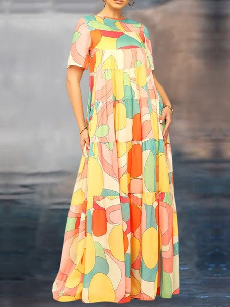 

Vacation Crew Neck Loose Geometric Dress, Yellow, Maxi Dresses