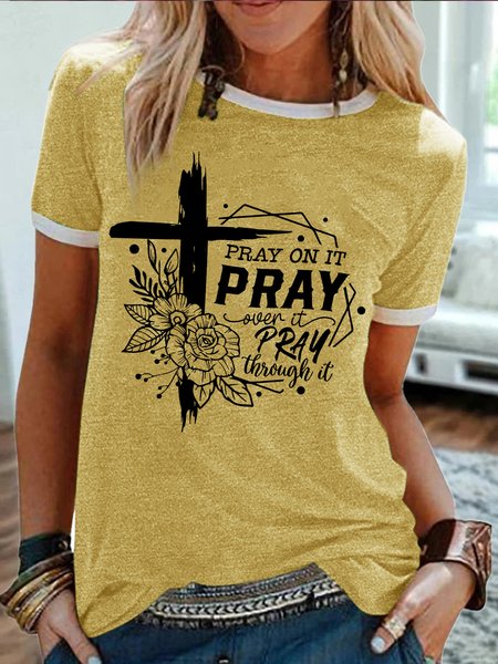 

Women's Pray On It Pray Over It Pray Thing It Funny Graphic Printing Regular Fit Text Letters Cotton-Blend Casual T-Shirt, Yellow, T-shirts