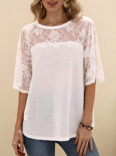 

Loose Casual Lace Crew Neck Shirt, White, Shirts & Blouses