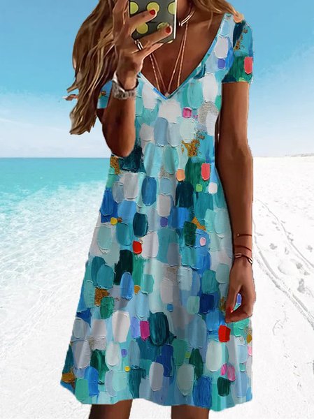 

Women's V Neck Blue Stereoscopic 3D Brush print Dress, Dresses