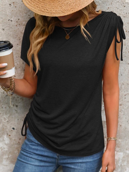 

Casual Crew Neck Drawstring Side SolidT-Shirt, Black, T-Shirts