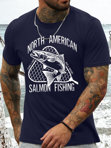 

Men's North American Salmon Fishing Funny Graphic Printing Cotton Crew Neck Casual T-Shirt, Purplish blue, T-shirts